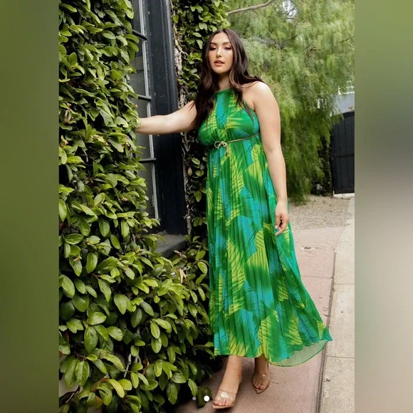 Dresses | Akira Green Tropical Pleated Halter Maxi Dress Size M | Poshmark